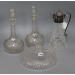 A pair of Victorian glass decanters, an EP mounted claret jug and a pedestal bowl (lacking base)