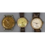 Two 9ct gold wrist watches including Waltham and a steel and gold plated Roamer wrist watch.