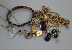 A Victorian yellow metal mounted hair bracelet, a pair of earrings, an Arts & Crafts silver and