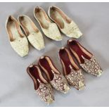 Four pairs of silver and gold coloured embroidered Turkish style slippers