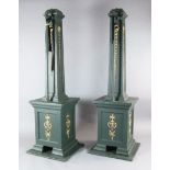 Four large bottle green and gilt painted square based lighting pillars specially made to mount