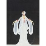 After Erte, a pair of gouache drawings, ladies in exotic gowns, bearing signatures, 13.75 x 10.