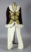Fledermaus: Prince Orlofsky's maroon velvet jacket, trimmed with gold braid and white fur trim, a