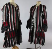 Two stunning silver, black and maroon striped gentlemen's frock coats, with large flap pockets and