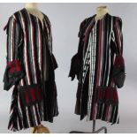 Two stunning silver, black and maroon striped gentlemen's frock coats, with large flap pockets and