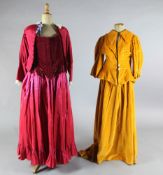 La Bohème: A rail with a mustard velvet bodice and skirt, rust coloured embroidered bodices and