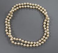 A single string cultured pearl necklace, 70cm.