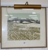 P Greenwood, limited edition print, "Snowfield", 27/75, signed and dated 1972, overall 52 x 60cm