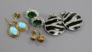 Four assorted pairs of earrings including 14k gold and coral and 9ct gold and turquoise.