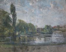 Philip Connard (1875-1958), oil on canvas, 'The Thames At Richmond', label verso, 67 x 83cm