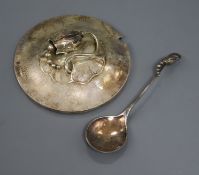 A Georg Jensen sterling silver preserve spoon no. 84? and similar preserve pot lid.