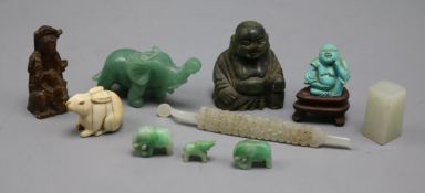 A Chinese jade ornament, three jadeite miniature elephants, other stone carvings and an ivory