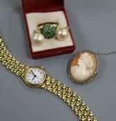 A lady's Mappin and Webb wrist watch, a yellow metal and emerald cluster dress ring, a cameo