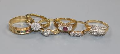 Six assorted 9ct gold and gem set dress rings including a "Dearest" ring.