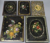 Five mother of pearl inlaid papier mache blotters / letter cases largest 30 x 23.5cm