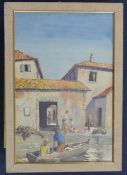 Juliet Pannett (1911-2005)watercolour,Fishermen on the shore,signed and dated 1975,56 x 36cm
