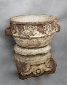 A large 15th / 16th century Istrian or possibly South American stone font, on shaped base, the sides