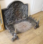 A cast iron fire back, basket and dogs basket W.90cm back W.84cm