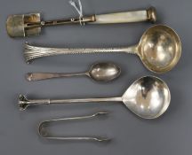 A George III silver and mother of pearl handled stilton scoop, Birmingham 1808 and four other