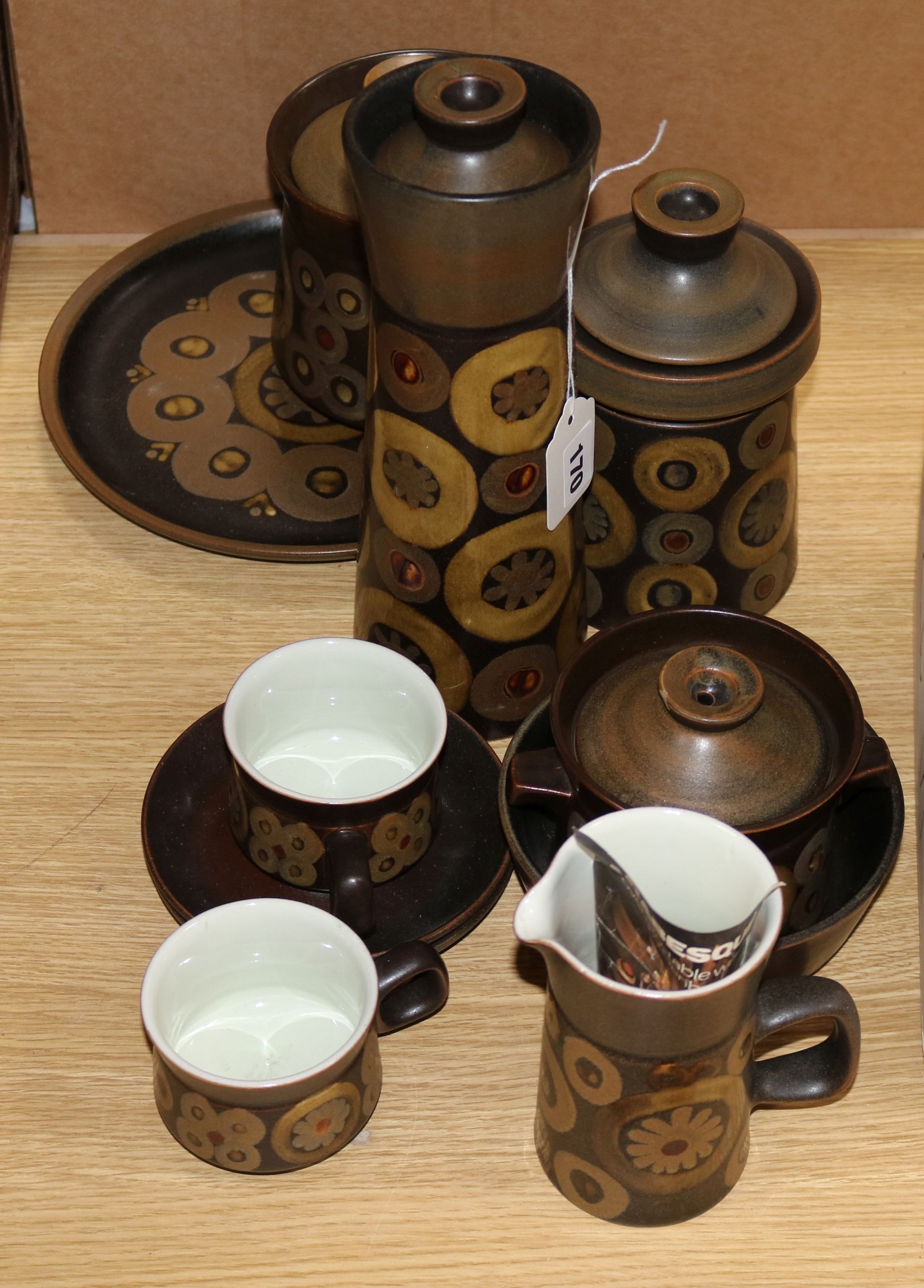 A Denby Arabesque pattern stoneware breakfast set, etc. comprising teapot, milk jug, sugar bowl