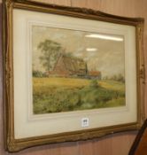 Charles Harmony Harrison, watercolour, 'Thatching a barn', signed and dated 1881, 35 x 53cm
