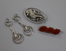 An Ivan Tarratt designed by Geoffrey G. Bellamy silver oval "Seahorse" brooch, a pair of marcasite