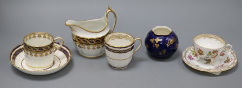 An English porcelain milk jug and cup and saucer, a Derby cup & saucer, a Dresden cup and saucer and