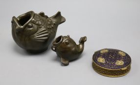 Two Spelter fish and a gilt metal compact tallest 9.5cm