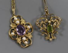 An early 20th century 15ct gold, peridot and split pearl pendant on 9ct chain and a 9ct gold gem set
