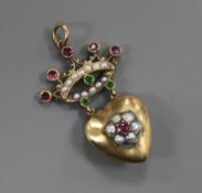 An early 20th century 9ct gold heart and coronet pendant, in the suffragette colours, set with