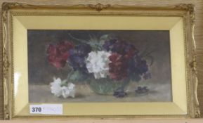 A. Van ..., oil on board, still life of flowers in a vase, indistinctly signed, 18 x 36cm