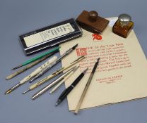 A novelty ivory rule/pen knife, mixed pens and pencils and a swan 14ct ct nib pen etc