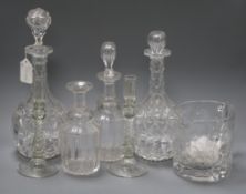 A Queen Elizabeth II Coronation jug, a pair of air twist candlesticks and two pairs of decanters