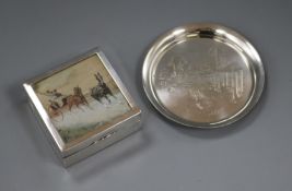 A silver cigarette box and four silver dishes/coasters.