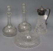 A pair of Victorian glass decanters, an EP mounted claret jug and a pedestal bowl (lacking base)