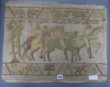 A late 19th, early 20th century sample needlework panel taken from a scene from the Bayeux