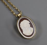 A 9ct gold gold oval "cameo" pendant brooch, on a 9ct gold chain, brooch 24mm.