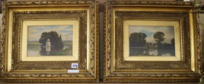 19th century English School, pair of oils on canvas, 'Follies viewed across lakes', indistinctly