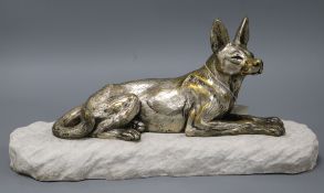 An Art Deco silver plated bronze model of a dog on marble base, signed H. Payen