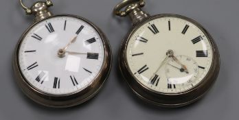 Two 19th century silver pair cased pocket watches, one keyless verge by Bullingford?, London, the