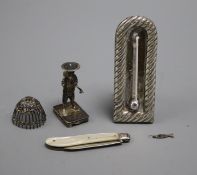 A group of small silver etc. including a mounted thermometer and a mother of pearl fruit knife.