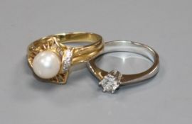 A 14ct white gold and solitaire diamond ring and a 14ct gold, cultured pearl and diamond dress