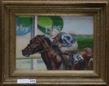 Claire Eva Burton, oil on canvas, jockey and racehorse, The Derby 1985, signed and dated 1986, 24