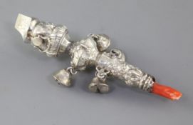 A 19th century silver child's rattle, with four (ex8?) bells and coral teether (af), indistinct