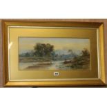 William Earp, watercolour, angler in a river landscape, signed, 22 x 51cm