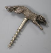 A George VI novelty silver mounted corkscrew modelled as a running fox, G.W. Lewis & Co, Birmingham,