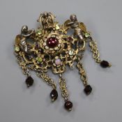 A 19th century Austro-Hungarian? white and yellow metal, enamel and multi gem set brooch, approx.