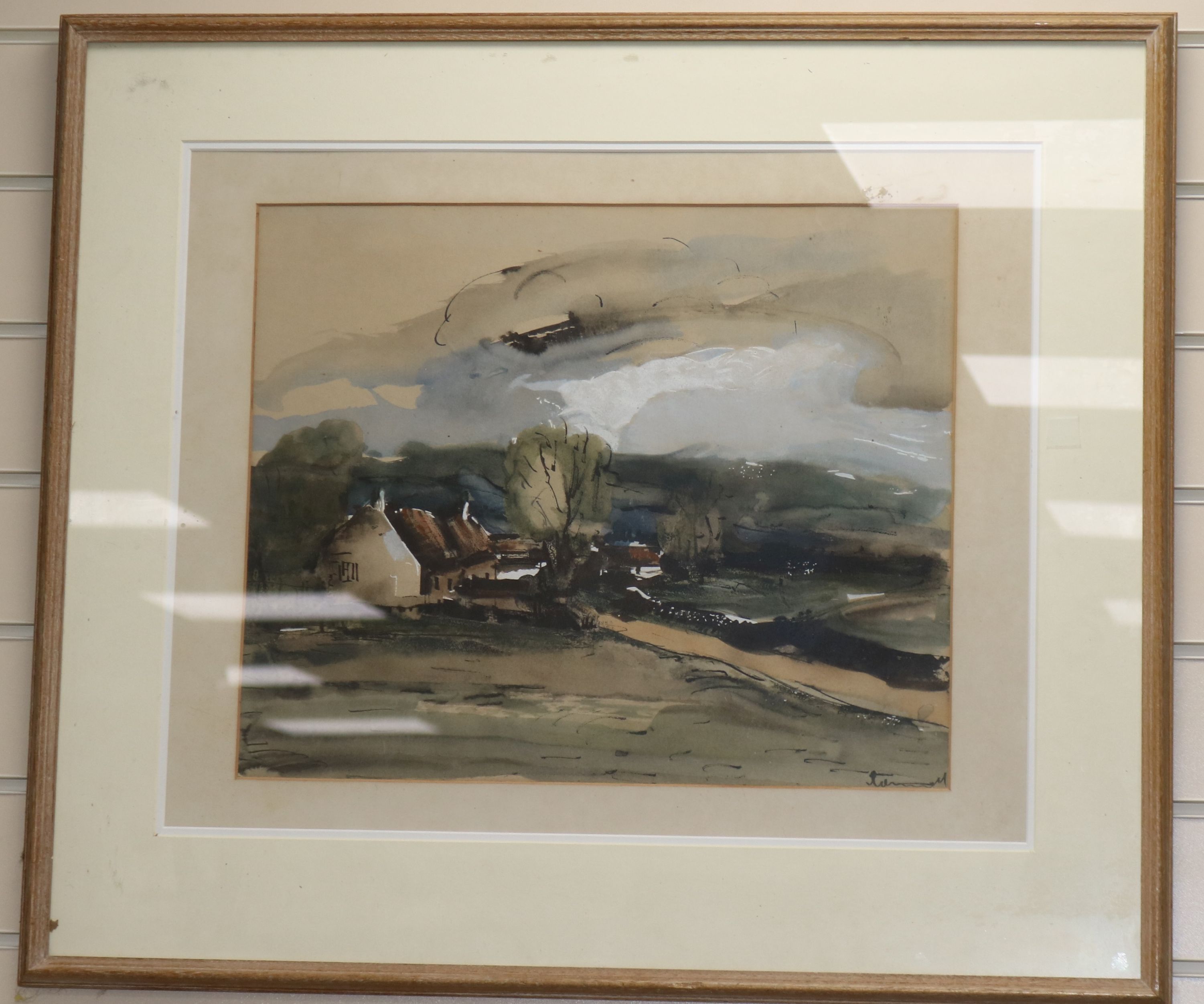 English School, ink and watercolour, farm in a landscape, indistinctly signed, 37 x 45cm