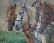 Attributed to Gilbert Holiday, oil on canvas laid on board, study of three horses, initialled GH