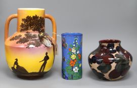 A French pottery cicada vase, a Tuscan ware vase and another tallest 28cm